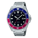 Casio watch with a silver band, blue and red bezel on a white background