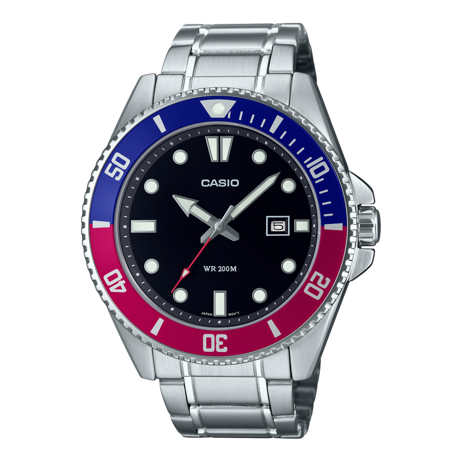 Casio watch with a silver band, blue and red bezel on a white background