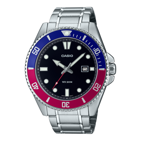 Casio watch with a silver band, blue and red bezel on a white background