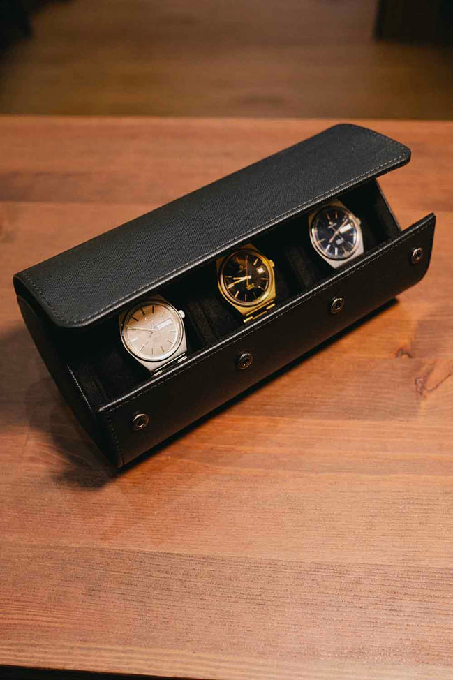 Black Saffiano Leather Watch Roll – 3 Slot