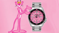 Seiko watch with pink face and silver band on a pink background with the Pink Panther.